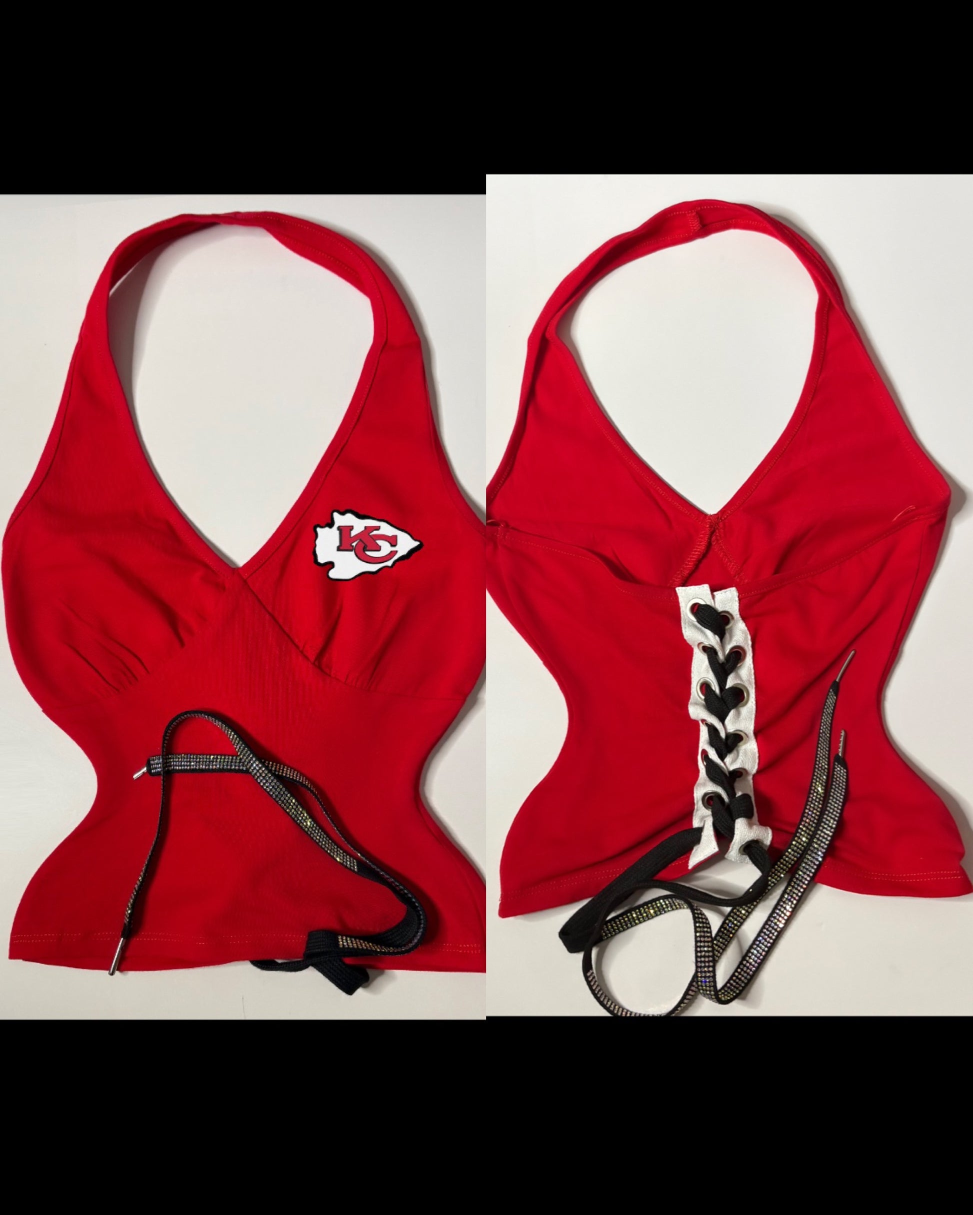 Chiefs Open Back Halter Top - Red with a black flat rhinestone lace