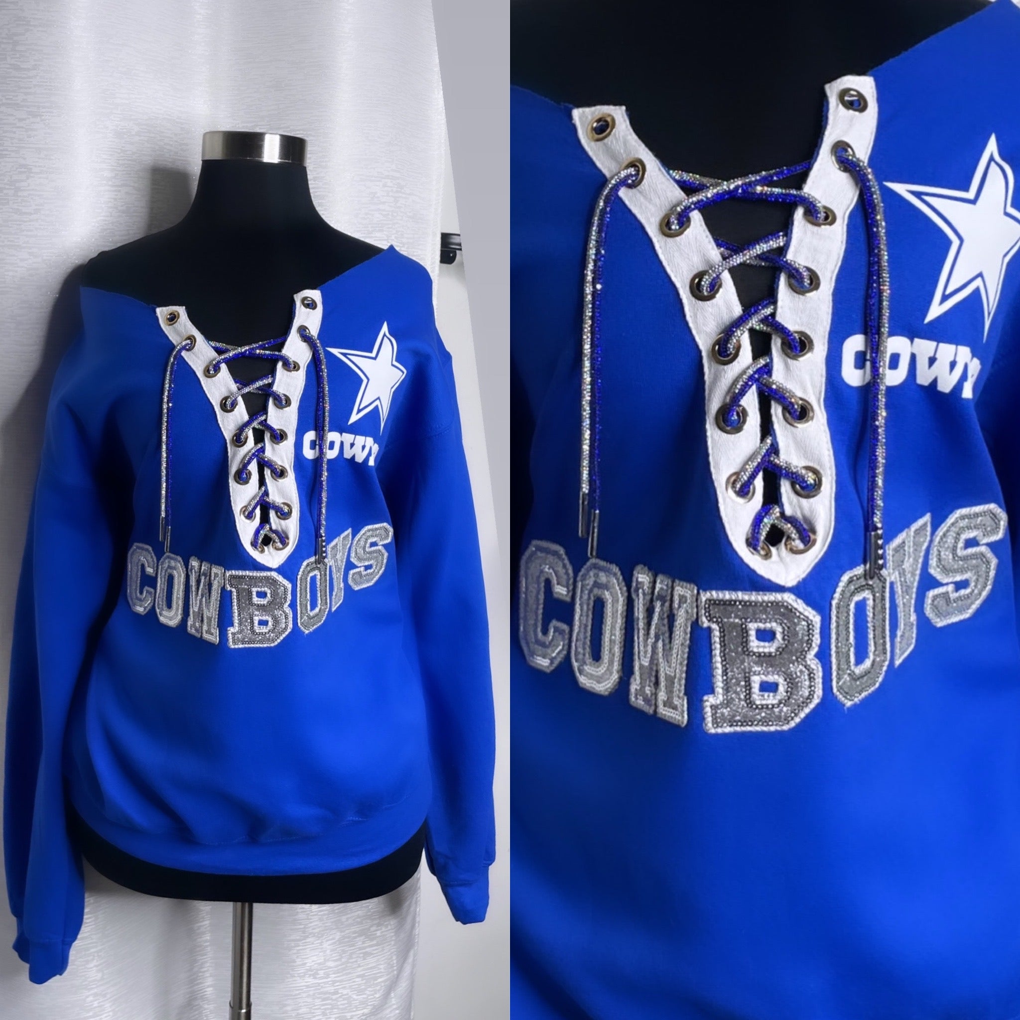Cowboys off the shoulder sweater with glitter/sequin logo