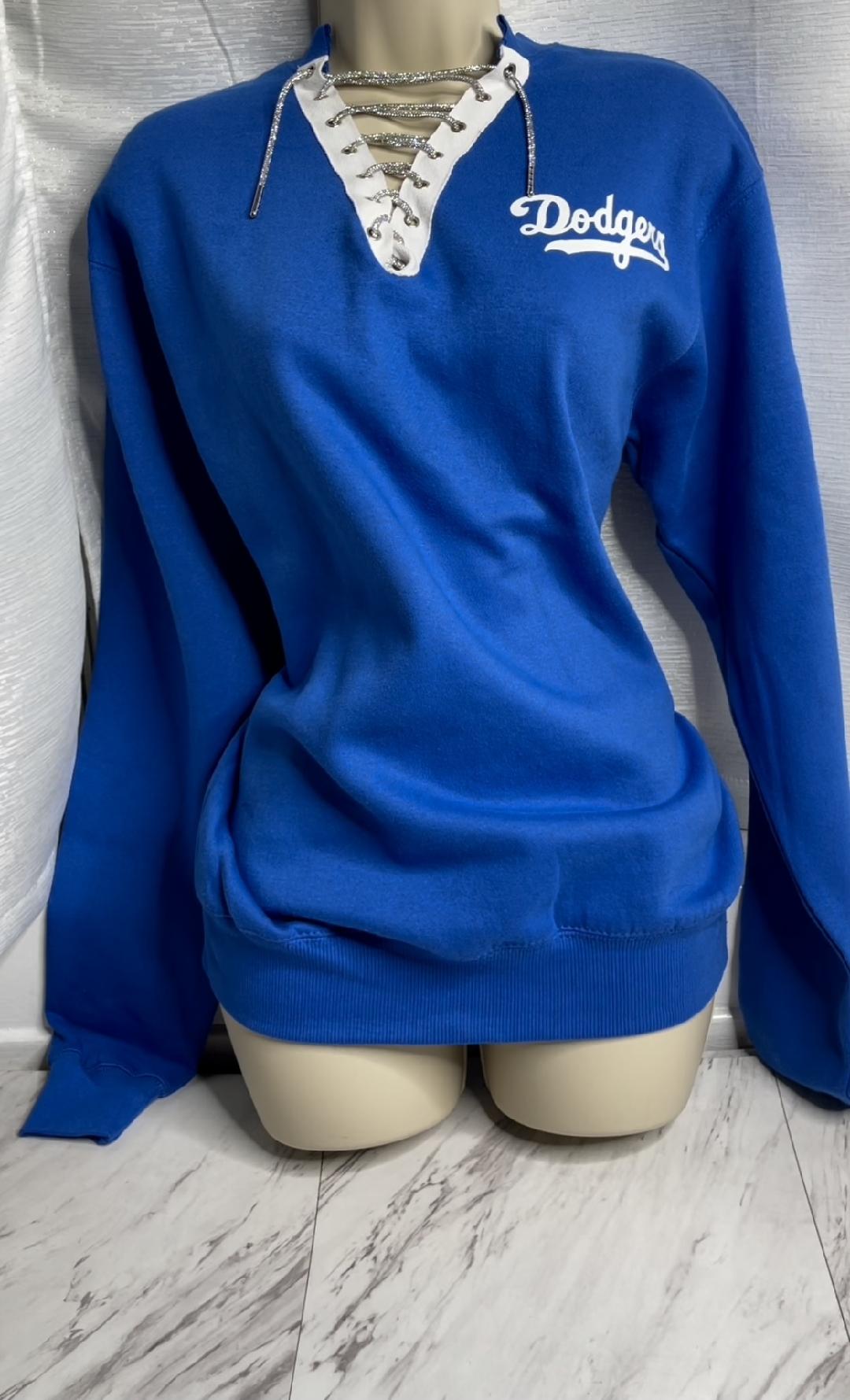 LA Dodgers Oversized Sweater with a Grommet Cut &  Rhinestone Cord