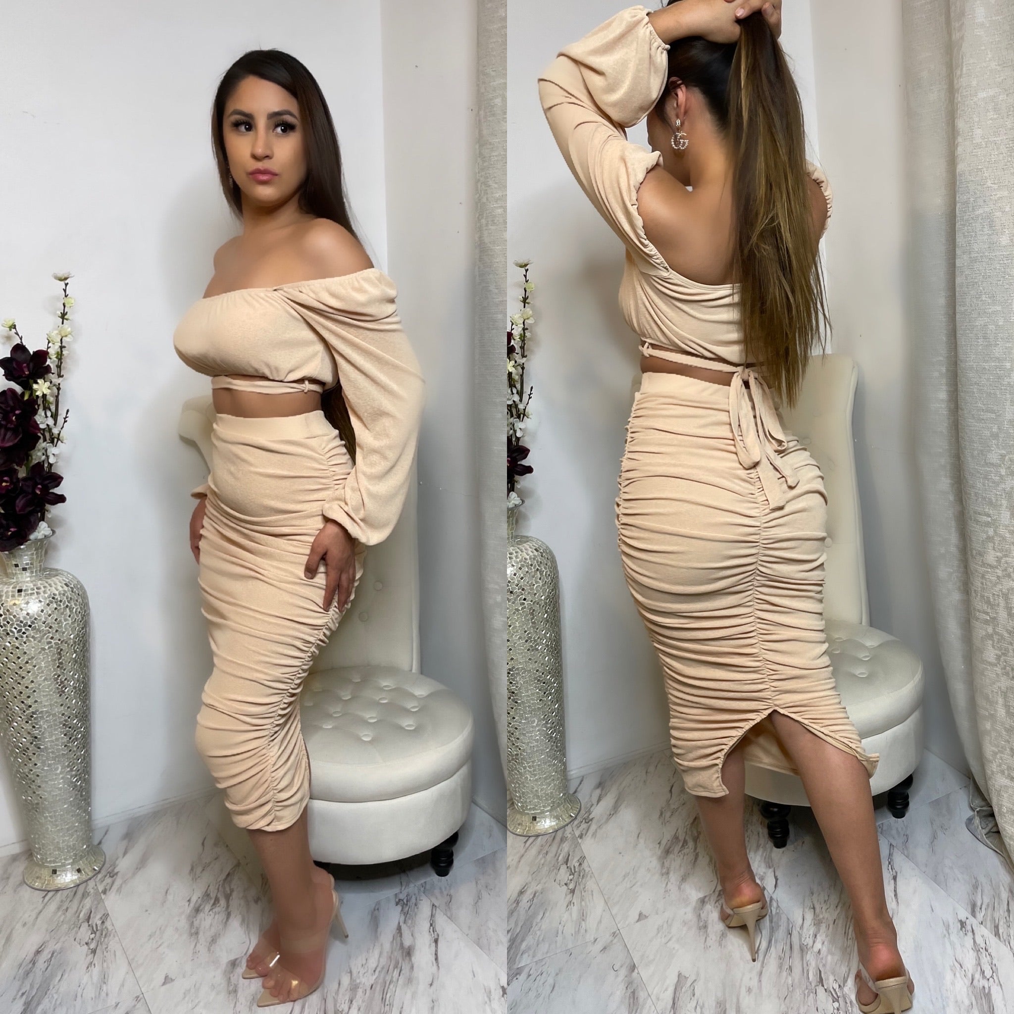 High Maintenance Ruched Skirt Set - Nude