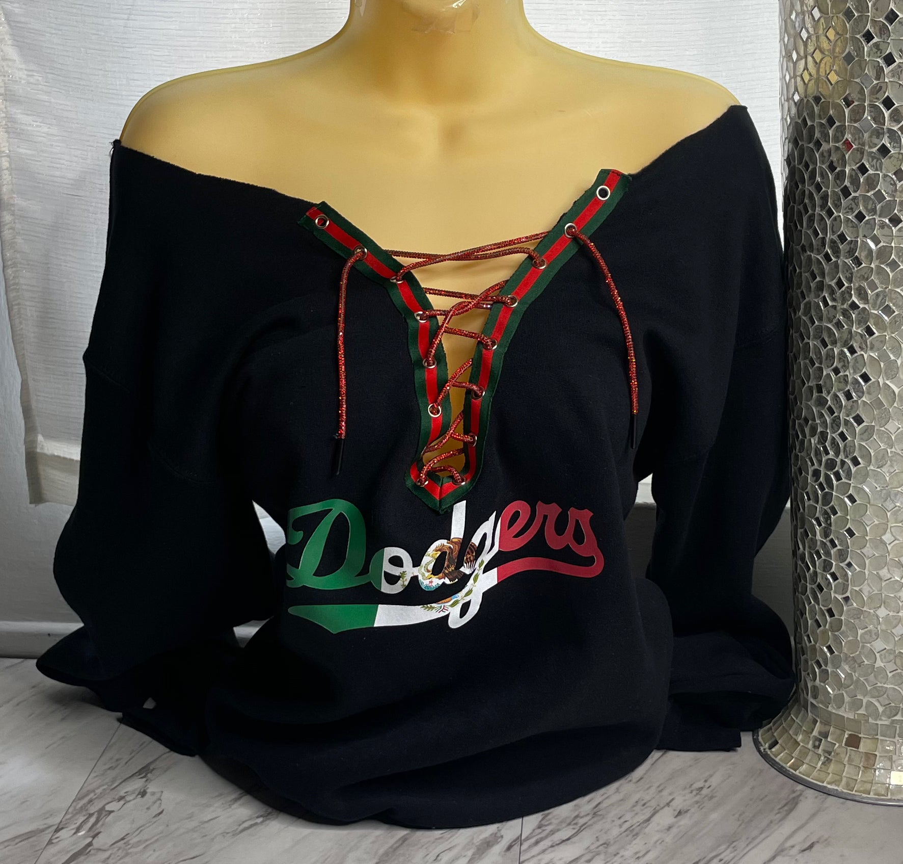 Dodgers off the shoulder sweater - Mexican Flag Logo with a Red Rhinestone Cord