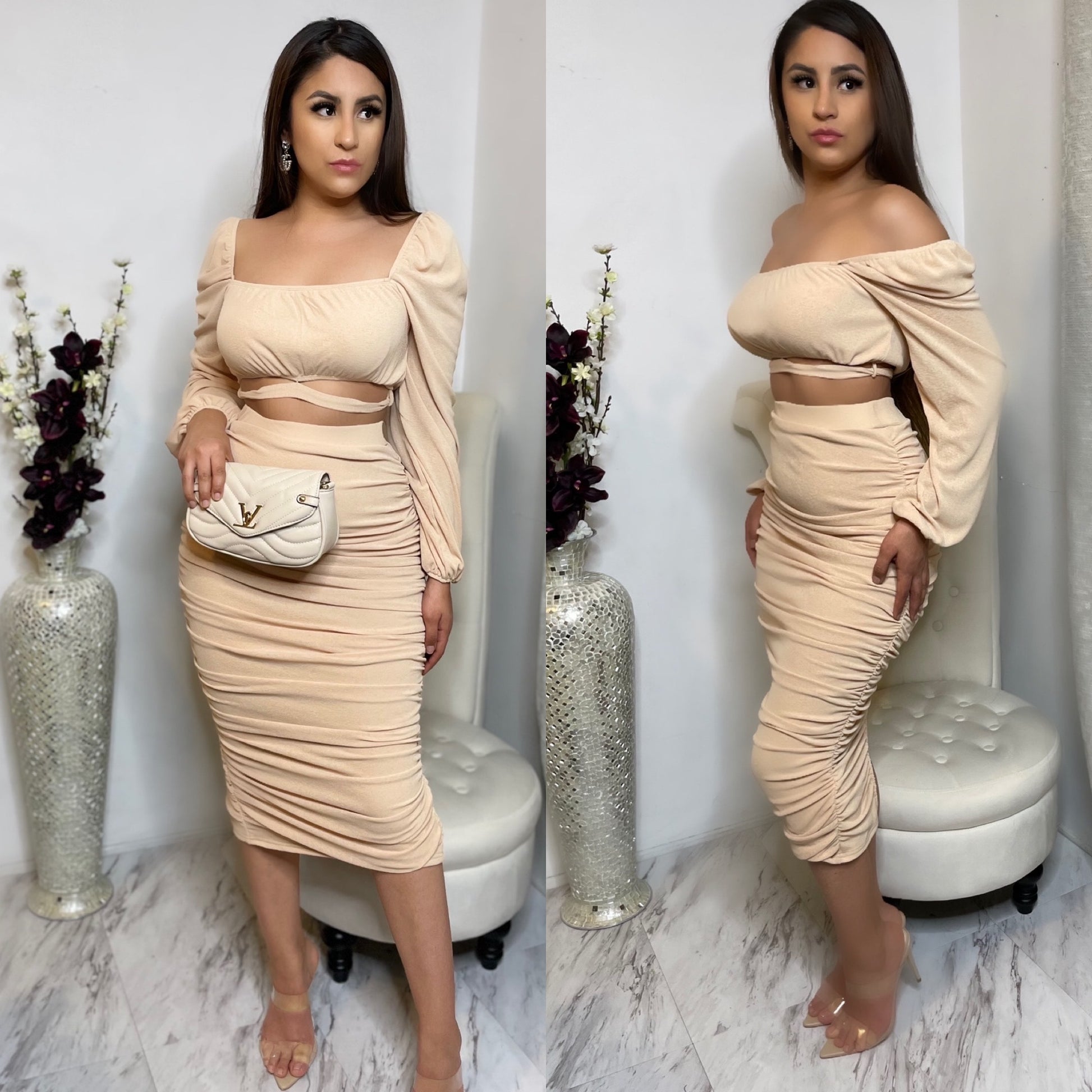 High Maintenance Ruched Skirt Set - Nude