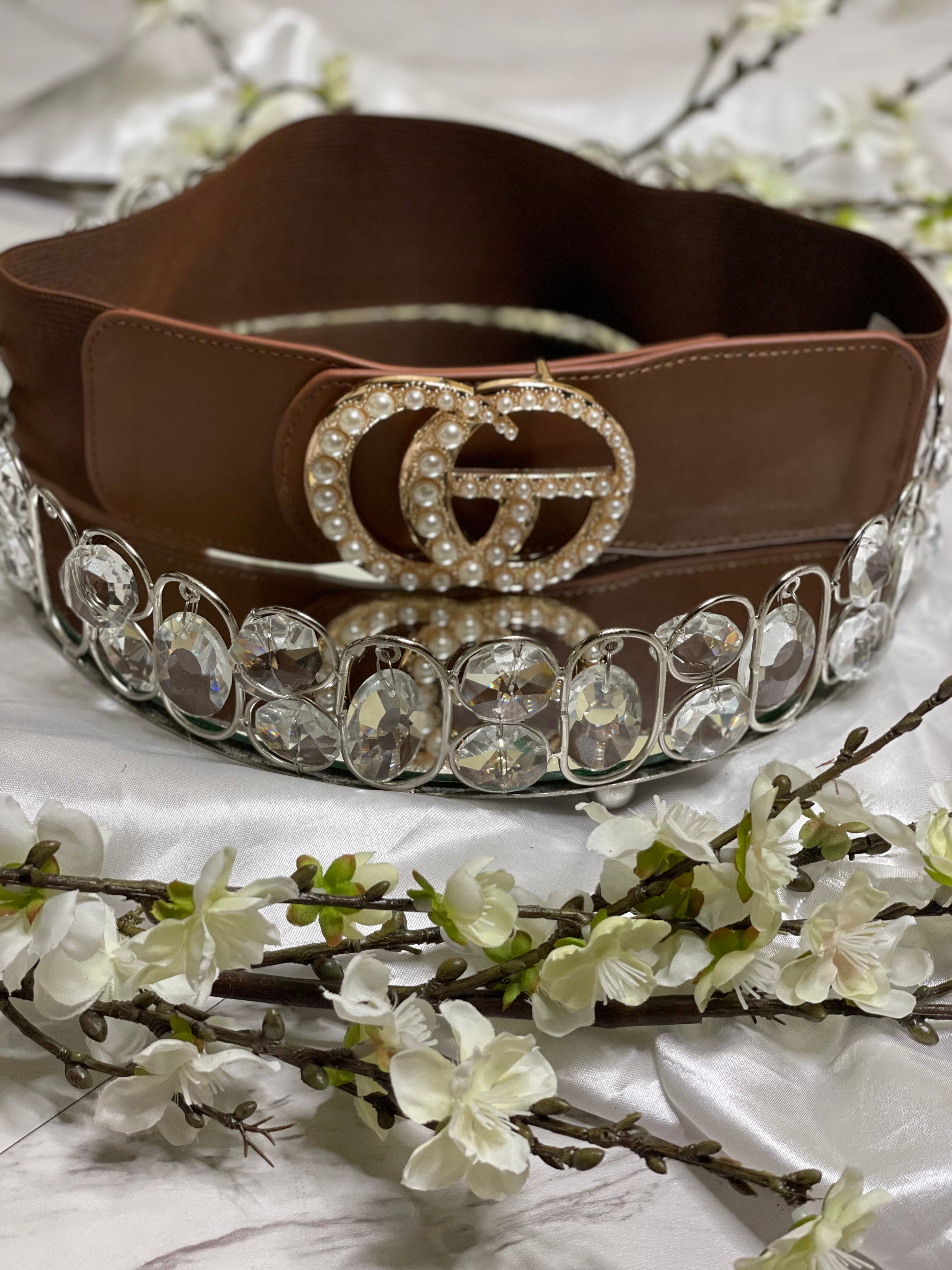 GG Drip Pearl Waist Belt - Brown