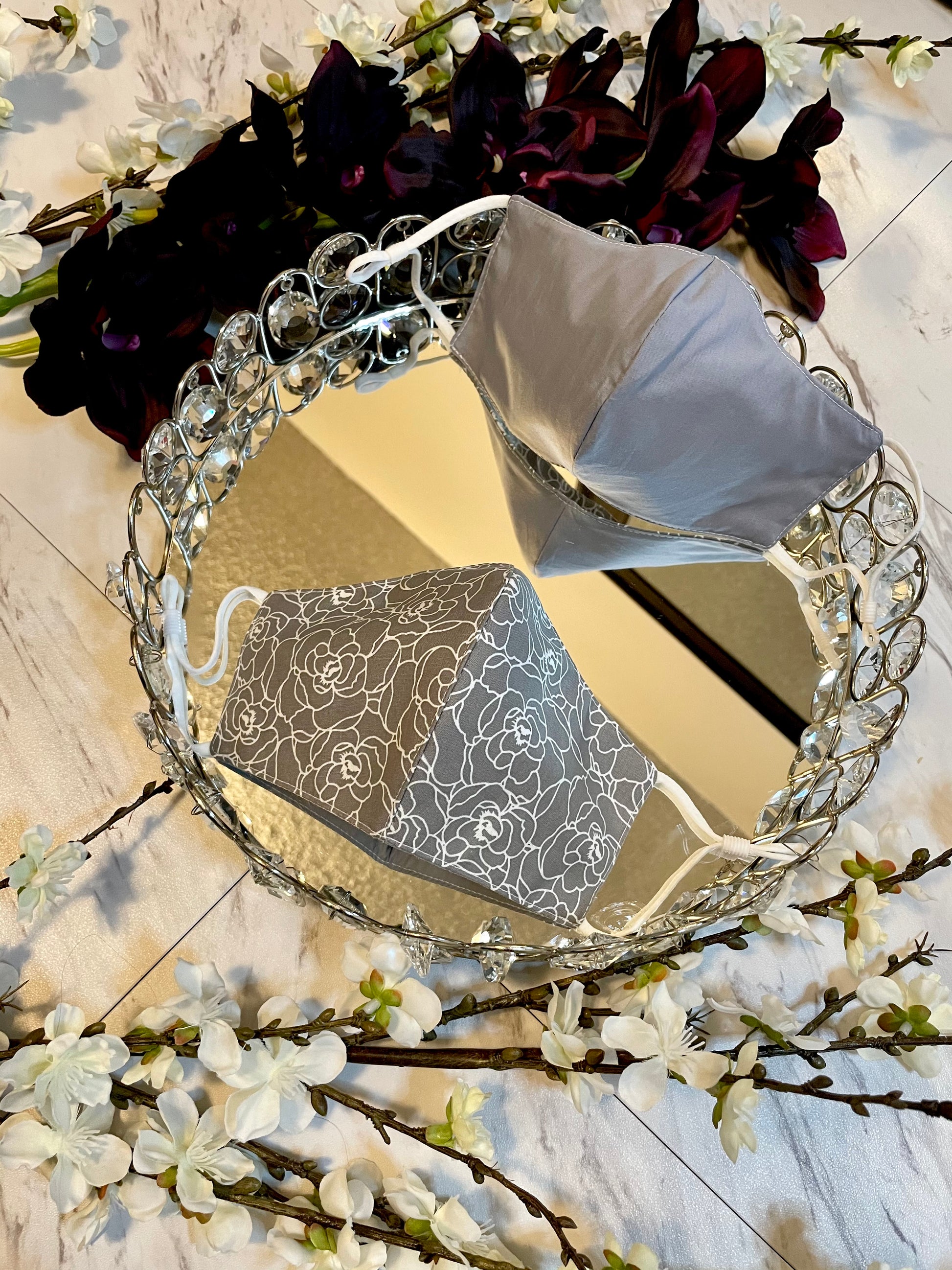 Gray & White Flower Face Mask