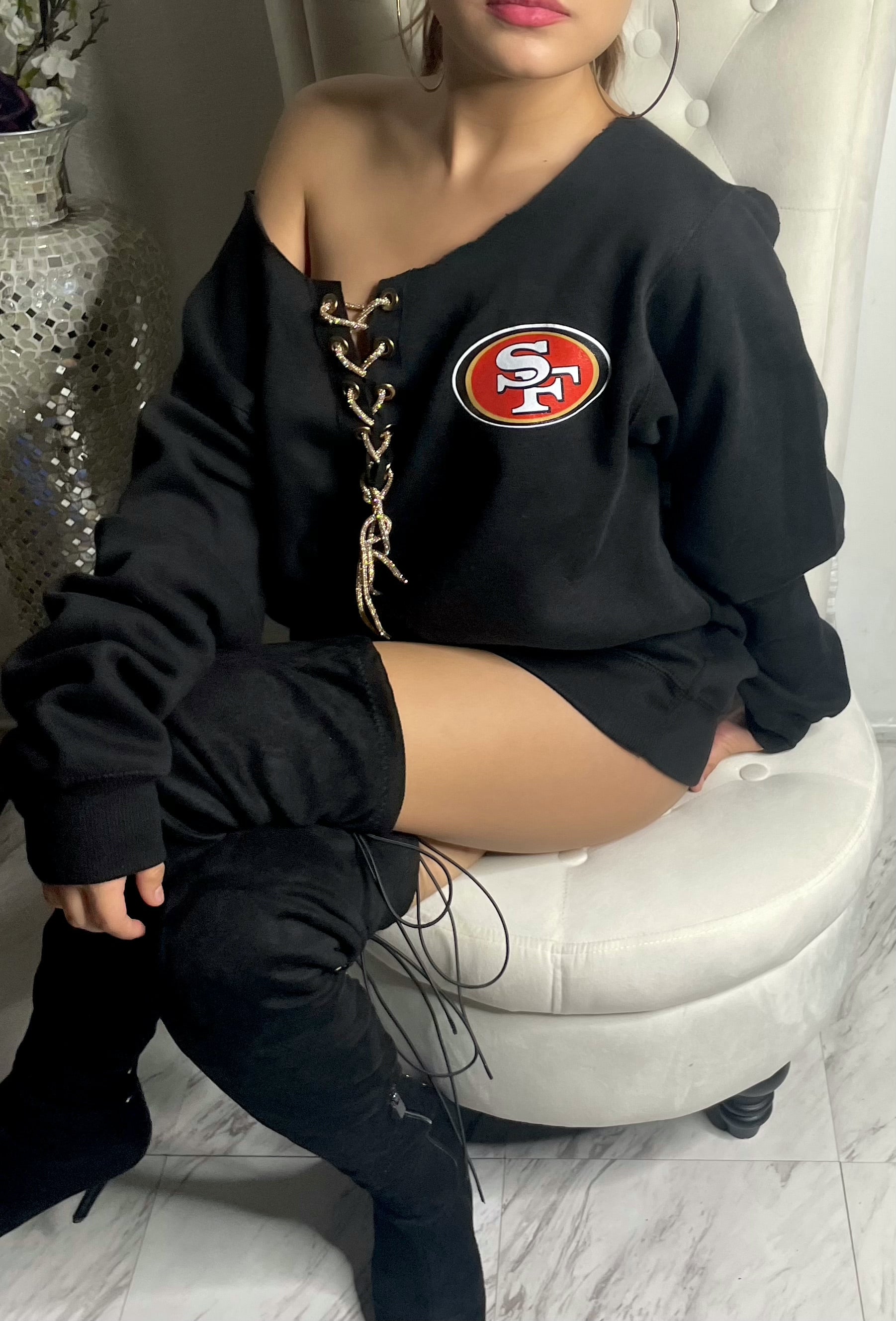 SF 49ers Oversized Sweater with a Grommet Cut & Rhinestone Cord