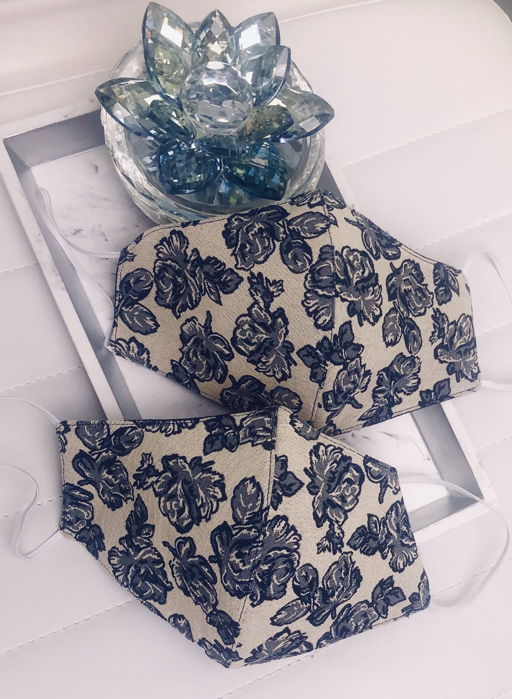 Face Mask - Floral Navy & White - Hot L.A. Fashion 