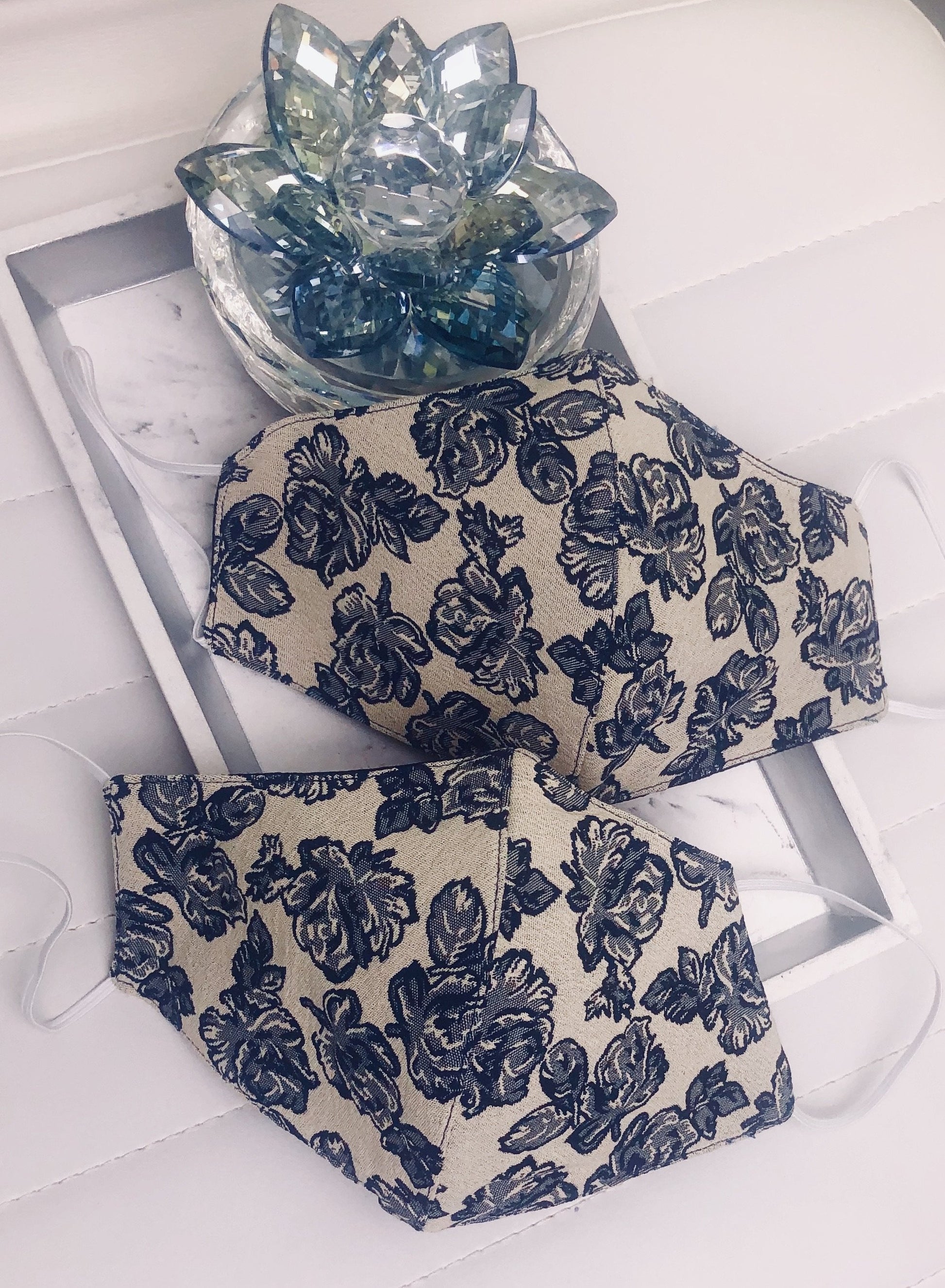 Face Mask - Floral Navy & White - Hot L.A. Fashion 