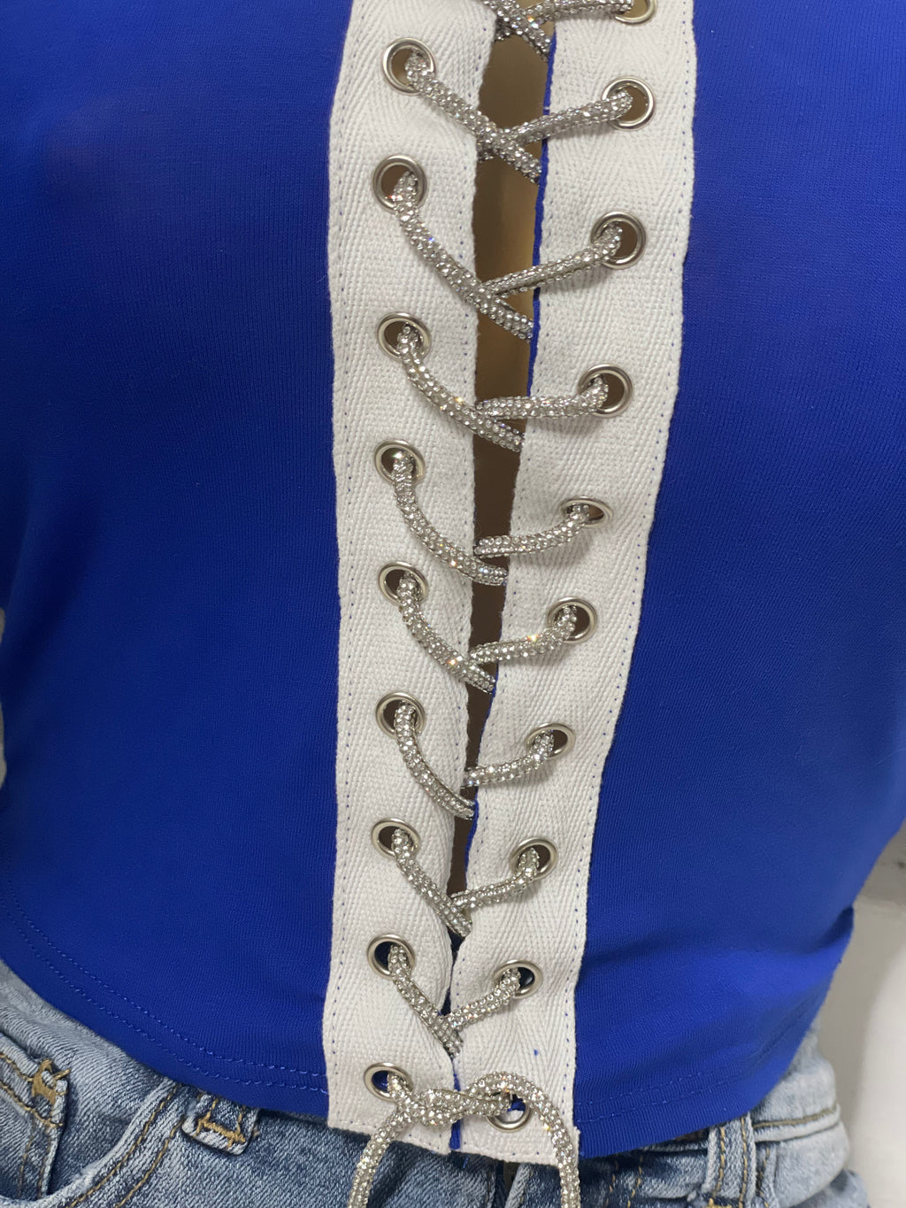 LA Rhinestone Crop Top - Blue & White