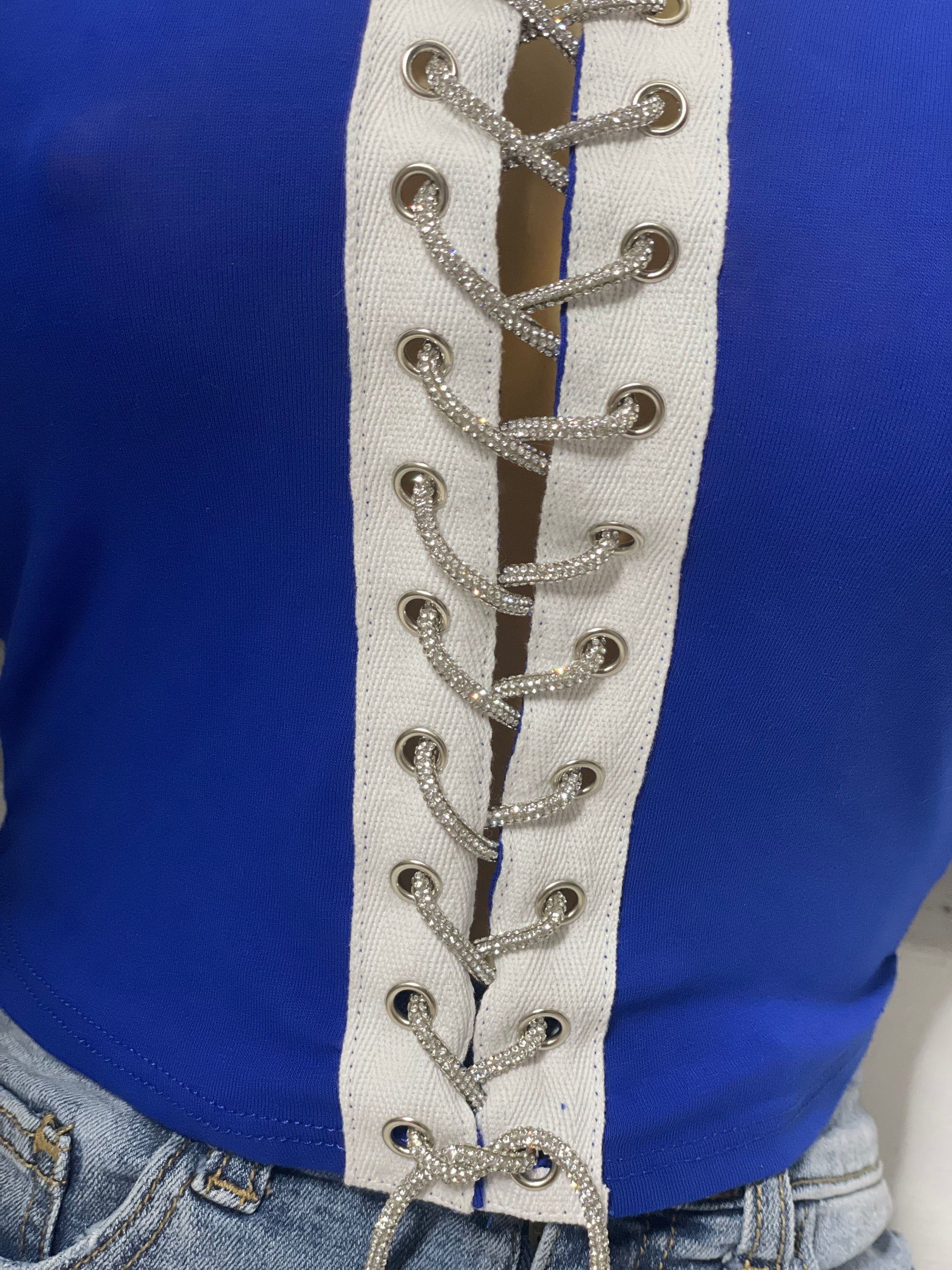 LA Rhinestone Crop Top - Blue & White