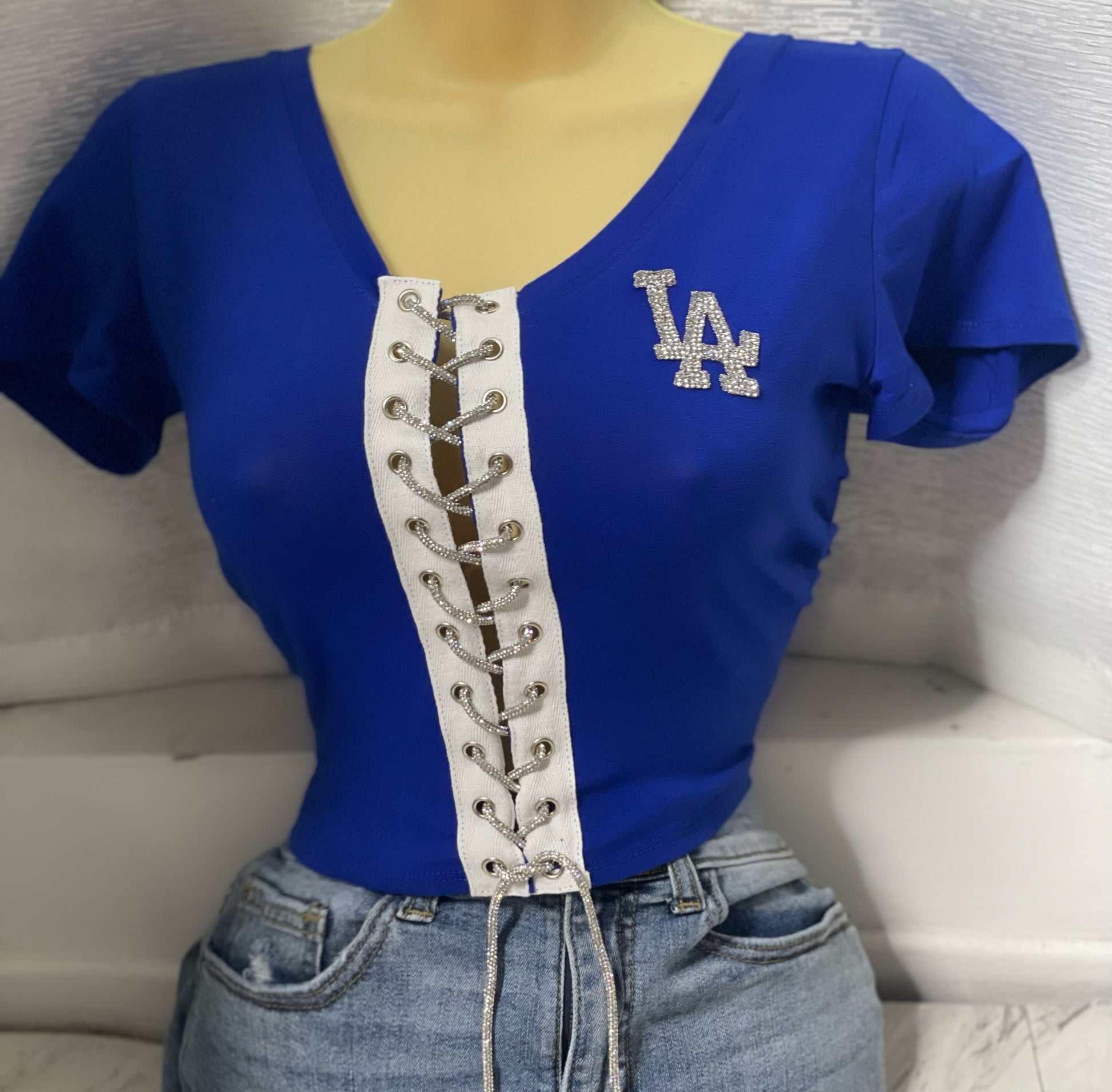 LA Rhinestone Crop Top - Blue & White