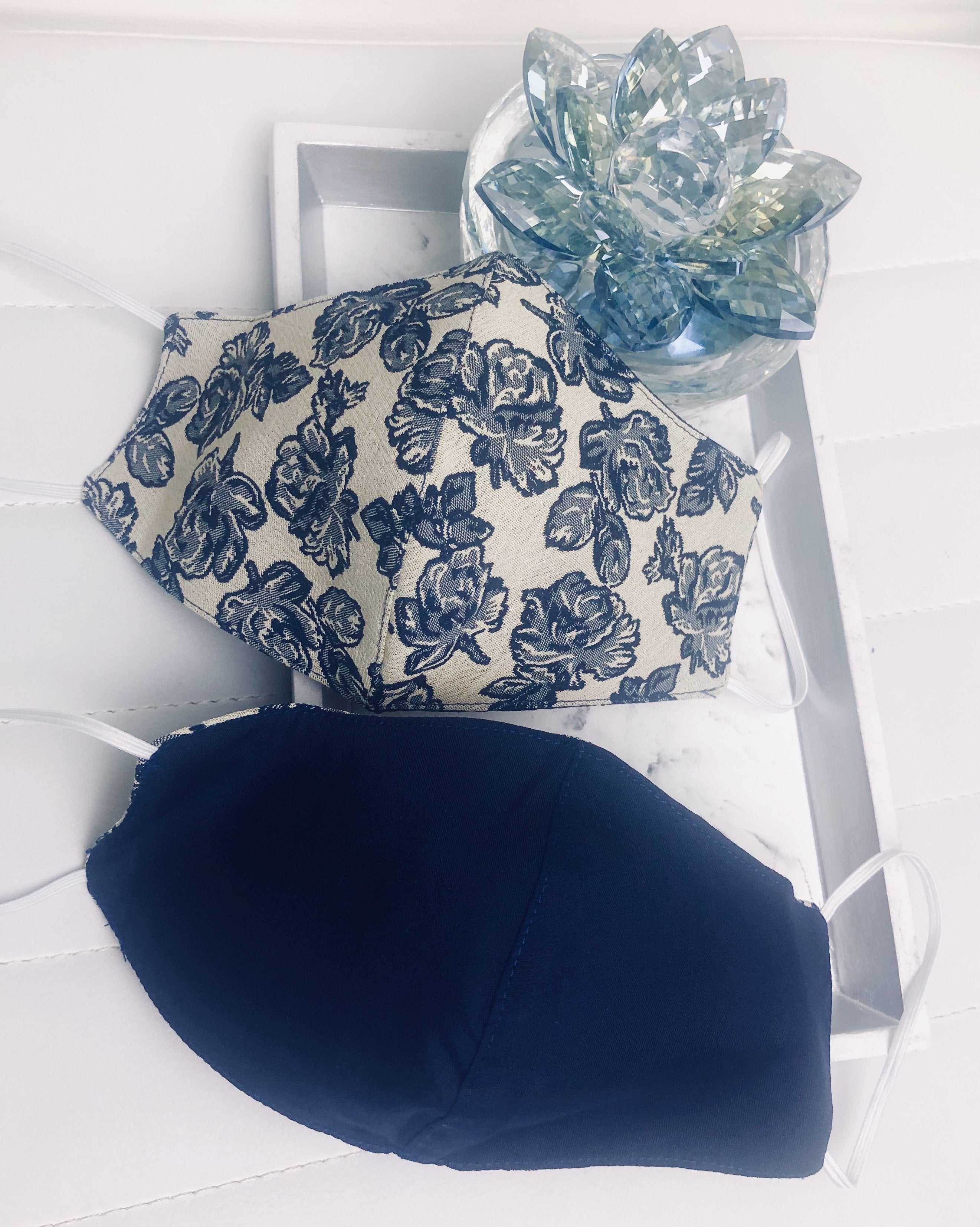 Face Mask - Floral Navy & White - Hot L.A. Fashion 