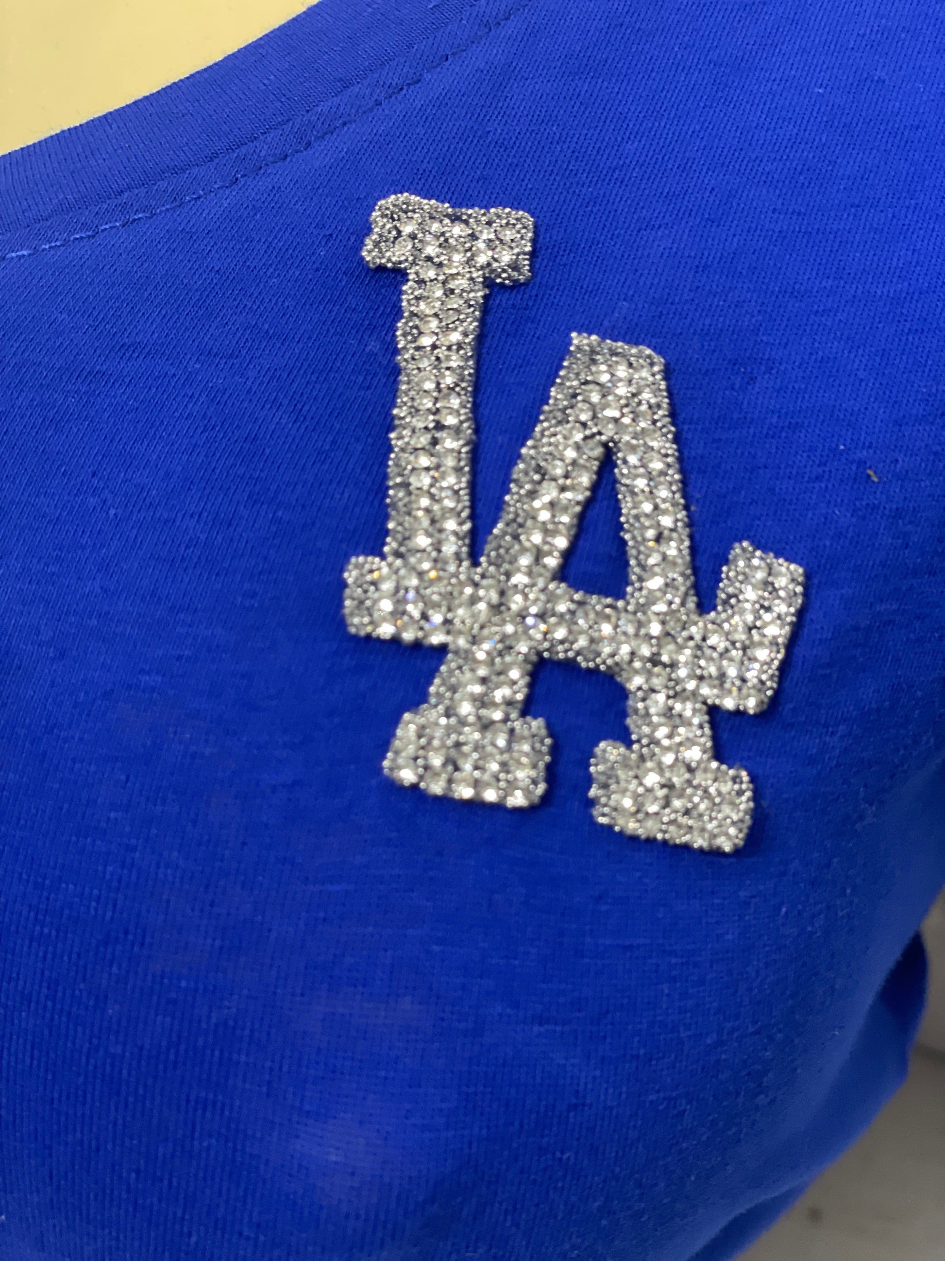 LA Rhinestone Crop Top - Blue & White