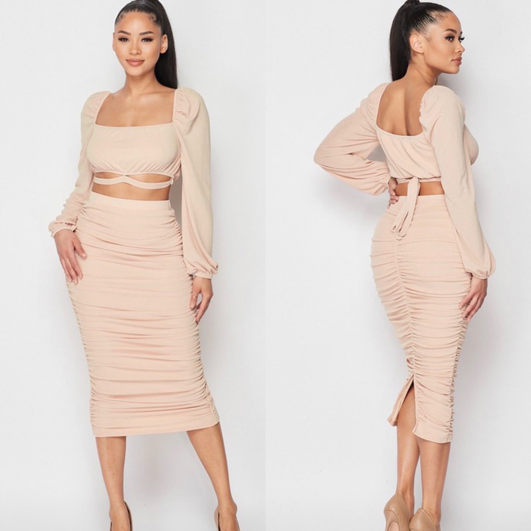 High Maintenance Ruched Skirt Set - Nude