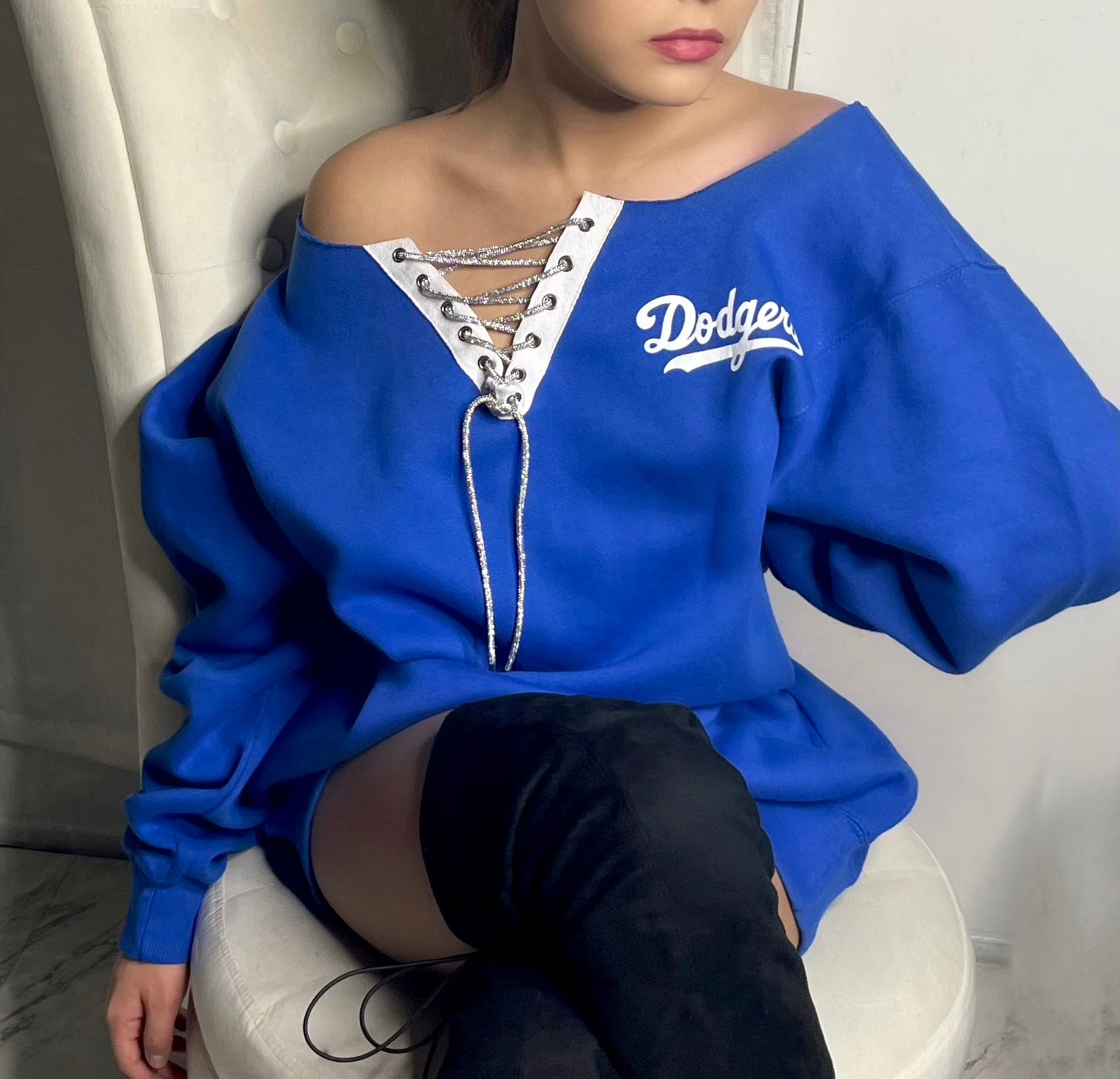 LA Dodgers Oversized Sweater with a Grommet Cut &  Rhinestone Cord