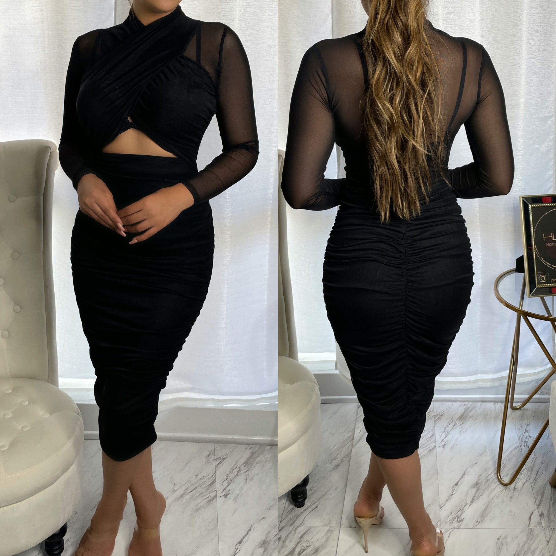 Bare Nights Ruched Midi Dress - Black